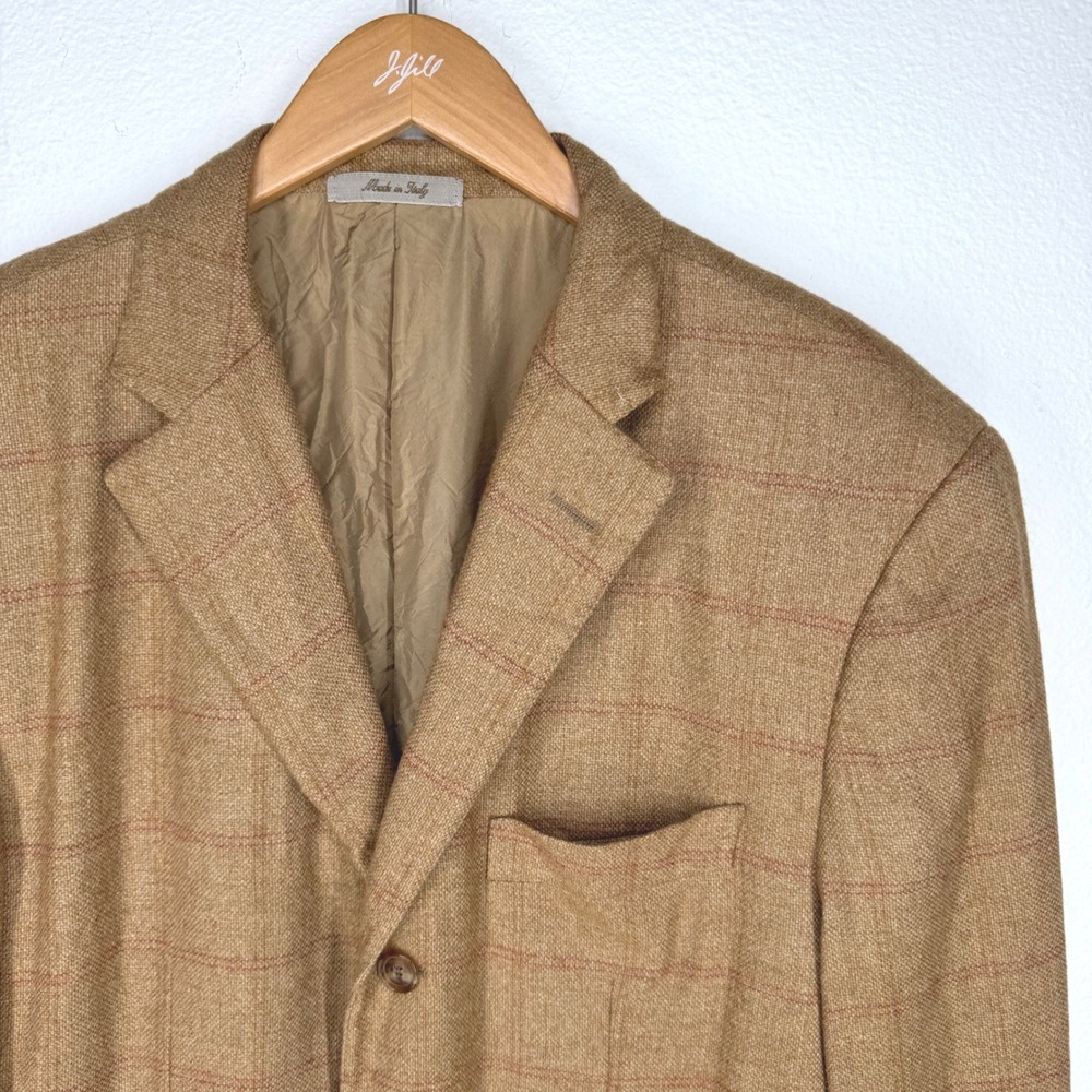 Hugo Boss Mens 42R‎ Tan Windowpane Wool Camel Hair Blazer 3 Button LuxuryItaly